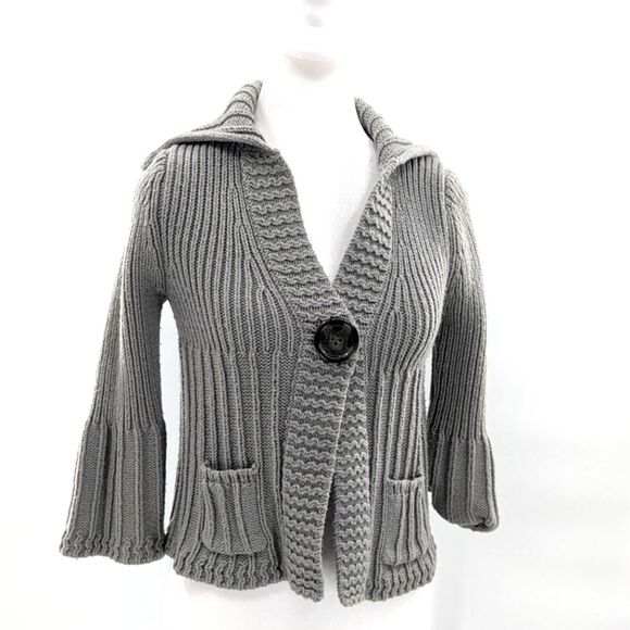 Sonoma Y2K Gray Thick Chunky Cable Knit Button Bell Sleeve Cardigan Size Large - Picture 1 of 6